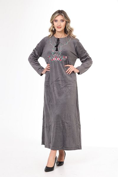 mervemoda Γυναικείο βελούδινο φόρεμα με κέντημα σε σκούρο γκρι