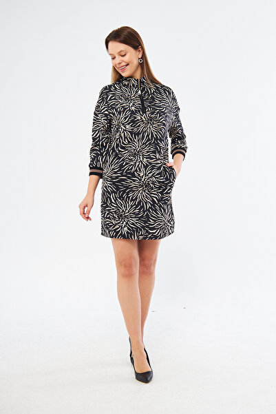 SELAZRA Cossy Balıkçı Yaka Çiçek Desenli Mini Boy Regular Fit Siyah Renk Elbise - 36, Siyah