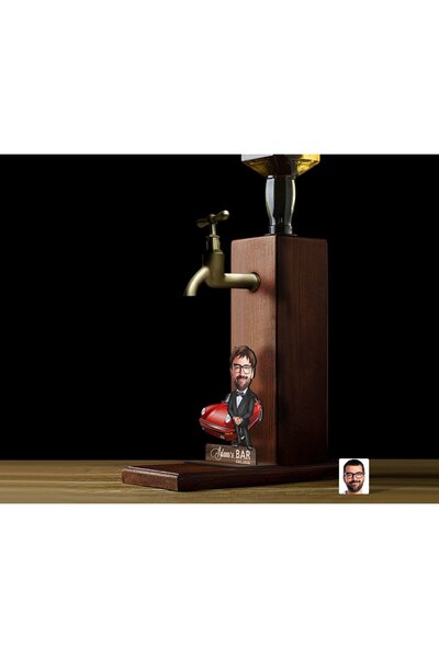 Bk Gift Kişiye Özel Patron Baba Karikatürlü Musluklu Ahşap Viski Standı-9, Vi...