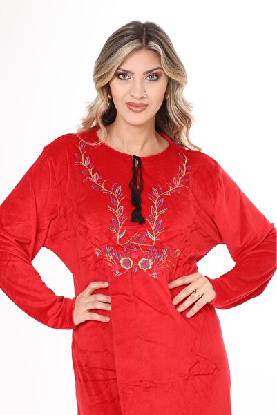 mervemoda Kadın Kırmızı nakış detaylı kadife elbise
