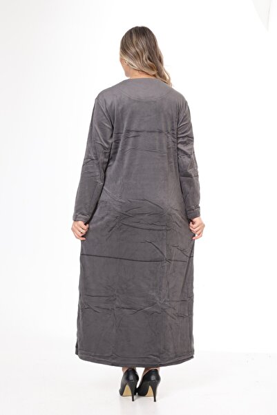 mervemoda Women's Dark Gray embroidery detailed velvet dress