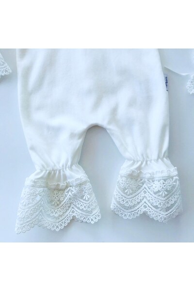 MİNİBORN Juliet Cotton Jumpsuit with Lace Collar and Hat