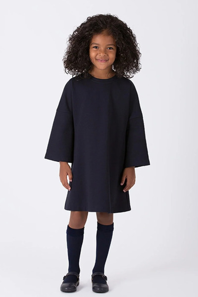 GOOSE Düz Kesim Pamuklu Bisiklet Yaka Oversize Lacivert Kız Çocuk Elbise