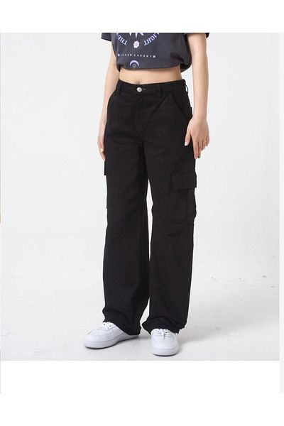 LAMİRA BLACK Cargo High Waist Casual Wide Leg Jeans με τσέπες
