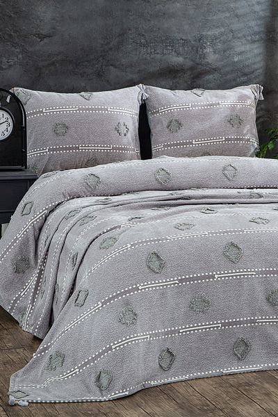 Evlen Home Collection Katre Cotton Double (Pique Set) Bedspread Battal Dowry Set 3 Pieces Gray