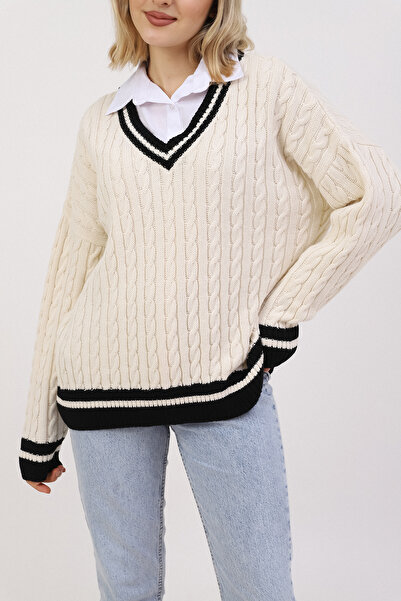 VEGENZE Women's Vanilla-Black V-Neck Hair Knitted Pattern Knitwear Sweater