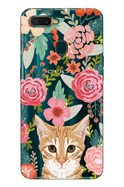 Magic Ring Oppo A5S/AX7/A12 Uyumlu Kedi ve Çiçek Desenli Şeffaf Telefon Kılıfı