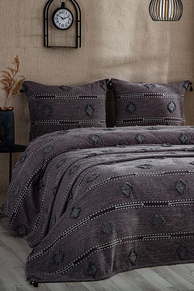 Evlen Home Collection Katre Cotton Double (Pique Set) Bedspread Battal Dowry Set 3 Pieces Anthracite