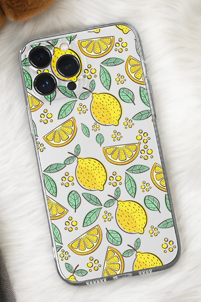 mooodcase iPhone 15 Pro Max Uyumlu Limon Desenli Premium Silikonlu Şeffaf Telefon Kılıfı