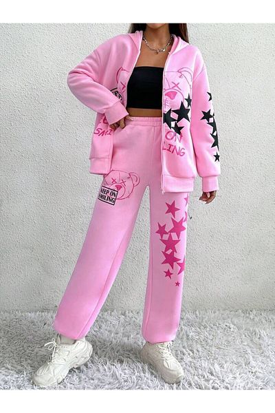 Machetta Women's Pink Keep On Smiling Printed Oversize 3 Thread Cardigan Tracksuit Set
