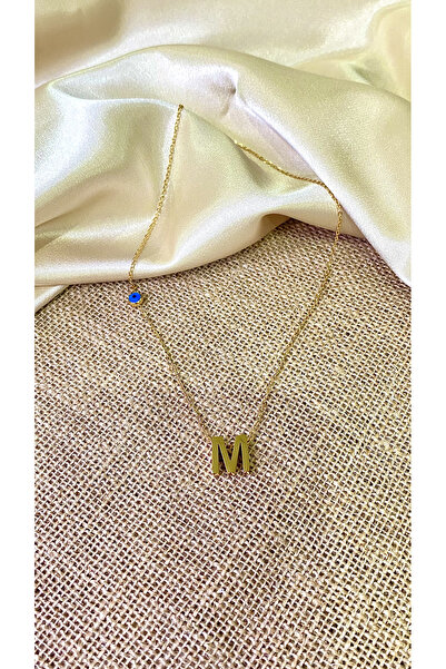 Belle M Harfli Nazar Boncuklu 14 K Altın Kaplama Ince Zincir Çelik Kolye