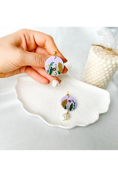 TREND Purple Minimal Patterned Handmade Botanical Pearl Polymer Earrings