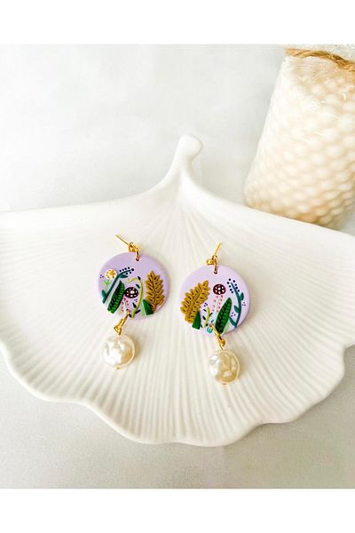 TREND Purple Minimal Patterned Handmade Botanical Pearl Polymer Earrings
