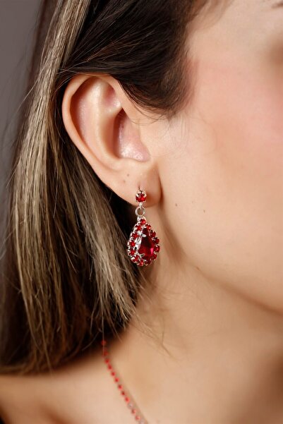 HUBANN Kırmızı Su Yolu Zirkon Taşlı Küpe Gelin Nişan Küpesi Parti Davet Küpesi Gümüş Kaplama Küpe