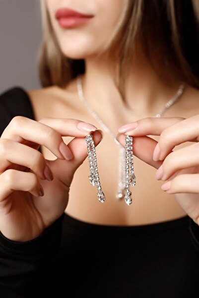 HUBANN Gümüş Kaplama Zirkon Taşlı Rhinestone Su Yolu Küpe Gelin Nişan Parti D...