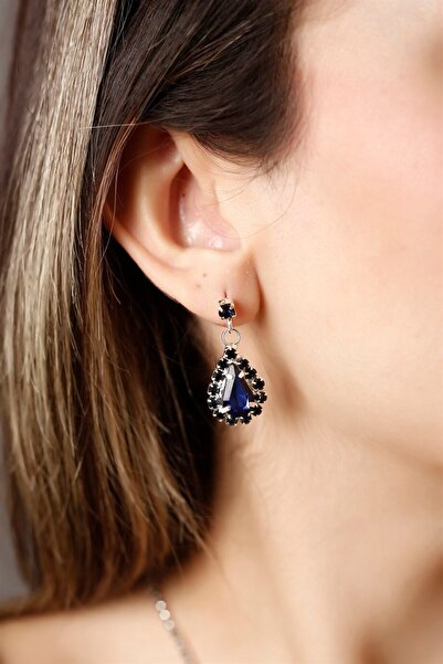 HUBANN Lacivert Su Yolu Zirkon Taşlı Küpe Gelin Nişan Küpesi Parti Davet Küpesi Gümüş Kaplama Küpe