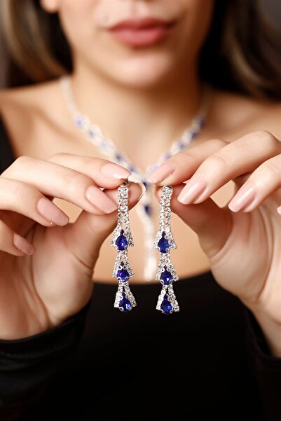 HUBANN Gümüş Kaplama Mavi Damla Taşlı Su Yolu Küpe Davet Düğün Nişan Abiye Küpe