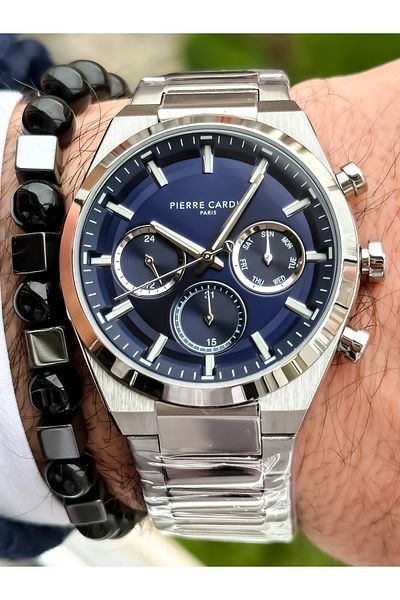 Pierre Cardin Brand Full Steel (case, band), Functions Active, Silver Color, VIP Men's Wristwatch + Bracelet, Rosary
