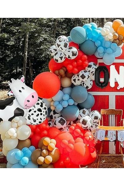 Çemrek Süs Parti Red blue cow patterned farm concept balloon chain 100 pieces