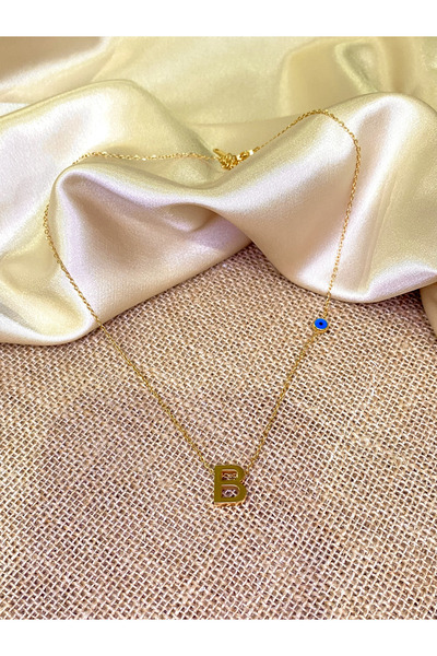 Belle B Harfli Nazar Boncuklu 14 K Altın Kaplama Ince Zincir Çelik Kolye