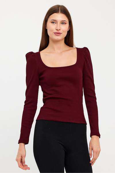 Avones Women's Square Collar Long Sleeve Blouse-body Burgundy