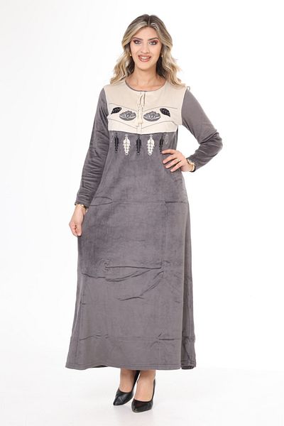 mervemoda Women's Gray Collar Embroidery Detailed Velvet Dress