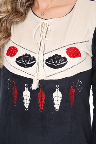 mervemoda Γυναικείο βελούδινο φόρεμα με κέντημα με μαύρο γιακά