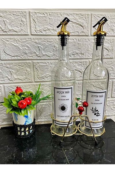 Jenisa 750Ml Transparent Bottle with Cherry Figure and Gold Stand Oil Pot with Gold Spout Label