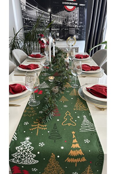 Decamor home Yeni Yıl Temalı Yeşil Ağaç Desenli Runner Yılbaşı Runner (PEÇETE DAHİL DEĞİL)