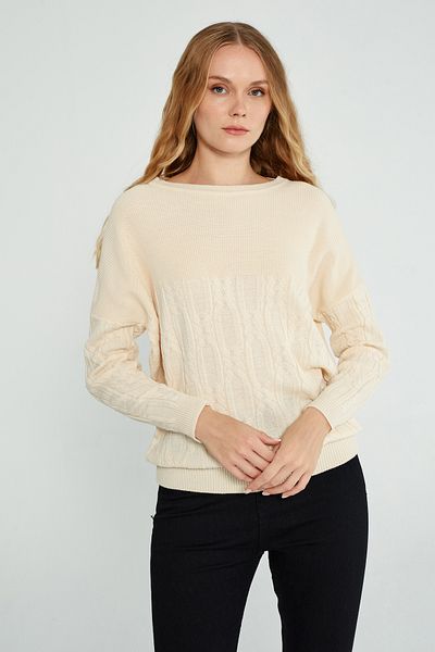 JOVENMADRE Boat Neck Hair Knitted Patterned Oversize Ecru Women's Knitwear Sweater