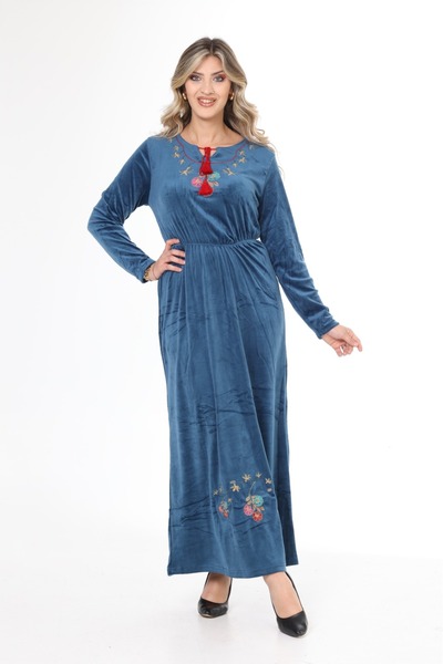 mervemoda Γυναικείο βελούδινο φόρεμα με γιακά Navy