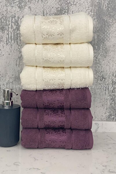 Özdilek Blossom Hand-Face Towel 6 Pieces-Cream-Plum