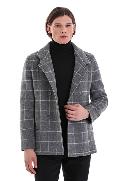 Hatemoğlu Gray Slim Fit Plain Mono Collar Wool Double Breasted Cashmere Coat