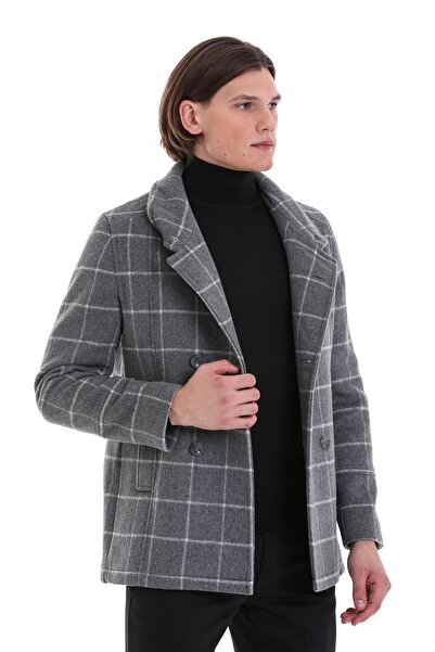 Hatemoğlu Gray Slim Fit Plain Mono Collar Wool Double Breasted Cashmere Coat