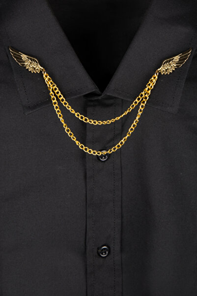 VEAVEN Tüm Gömleklere Uyumlu Kanat Figürlü Altın Renk Zincirli Yaka İğnesi