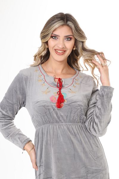 mervemoda Women's Gray collar embroidery velvet dress