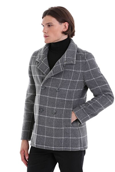 Hatemoğlu Gray Slim Fit Plain Mono Collar Wool Double Breasted Cashmere Coat