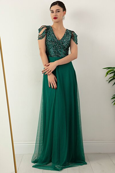 PULLIMM Μακρύ βραδινό φόρεμα με παγιέτες στο επάνω μέρος και τοπ παγιέτες στο κάτω μέρος από τούλι 13118