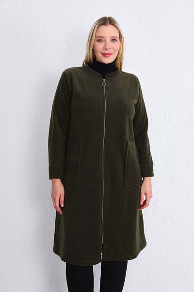 Kardelen Butik Ümraniye Plus Size Fleece Cardigan Khaki Green Zippered