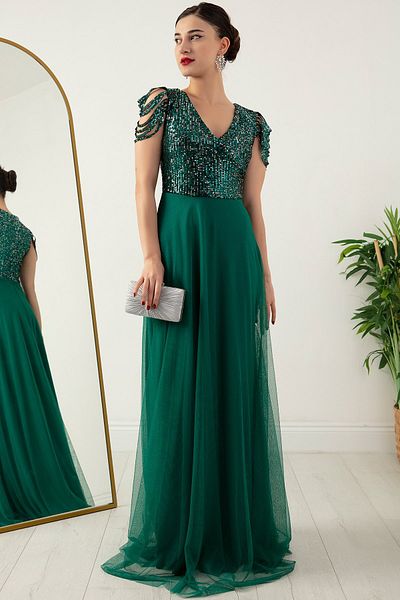 PULLIMM Top Paiete Paiete Șase Tulle Rochie Lungă de Seară 13118