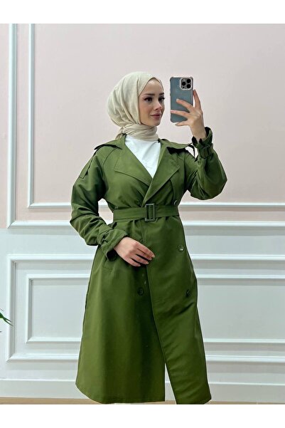 Esre Store Kol Ve Omuz Detaylı Tesettür Trençkot Haki