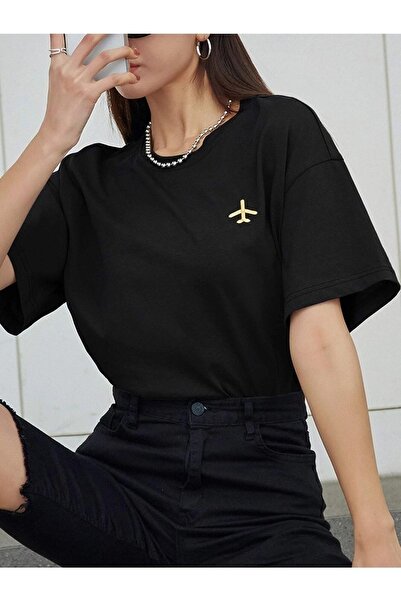 over head oh Tricou supradimensionat cu imprimeu cu avion negru pentru femei