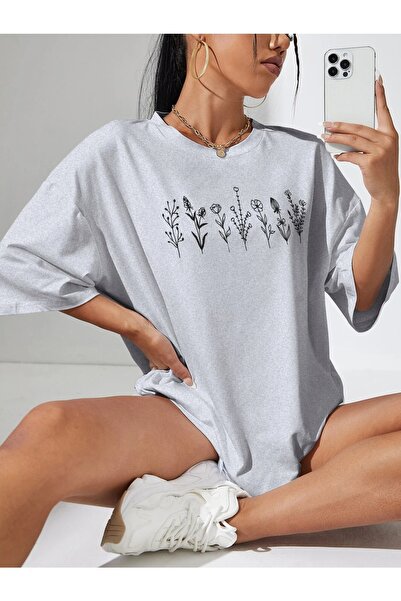 over head oh تي شيرت نسائي رمادي متعدد الأزهار مطبوع مقاس كبير