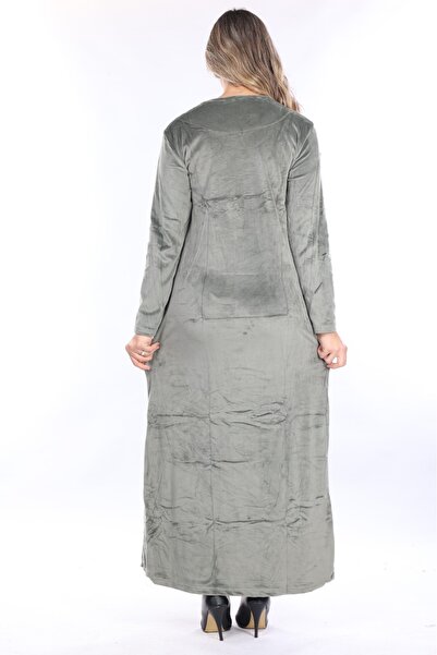 mervemoda Γυναικείο κέντημα με πέτο Χακί Λεπτομερές μακρύ βελούδινο φόρεμα