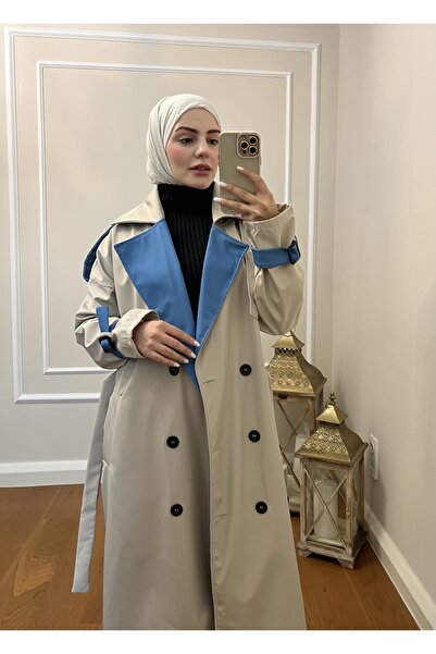Esre Store 4425 Çift Renk Tesettür Trençkot Bej - Mavi