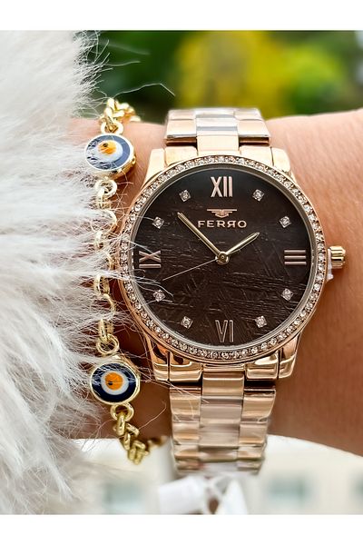 FERRO Brand Rose Color, Steel Strap, Oval Case, Waterproof Women's Wristwatch+Bracelet
