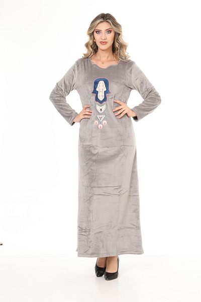 mervemoda Women's Gray embroidery detailed long velvet dress
