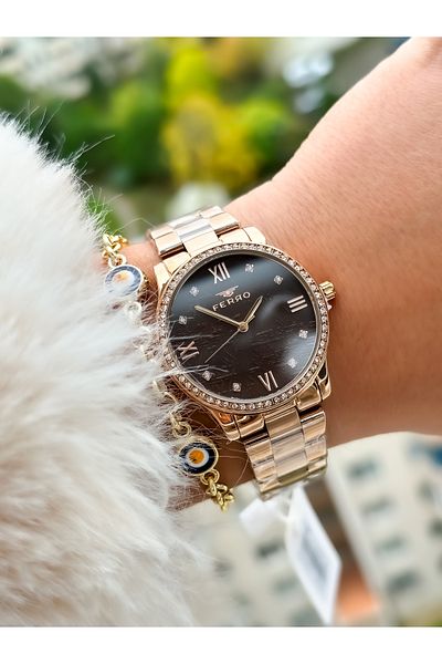 FERRO Brand Rose Color, Steel Strap, Oval Case, Waterproof Women's Wristwatch+Bracelet