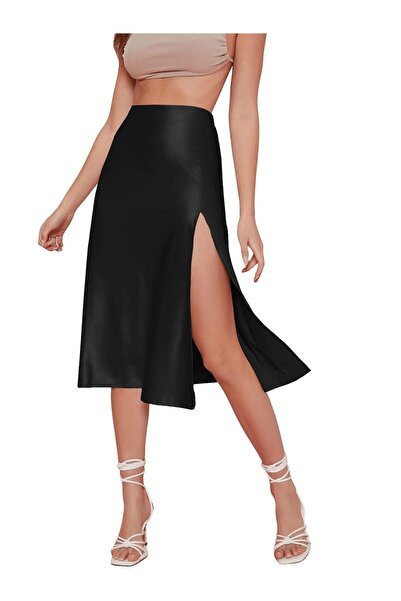NSMLİFE Siyah Midi Yırtmaç Detaylı Yüksek Bel Saten Etek