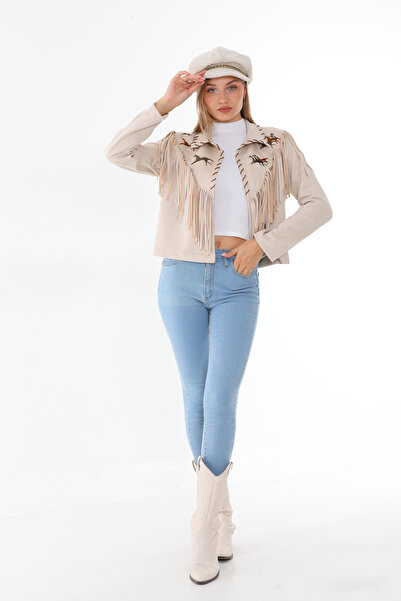 FashionFour Çoban Dikiş Detaylı Püskül Ceket